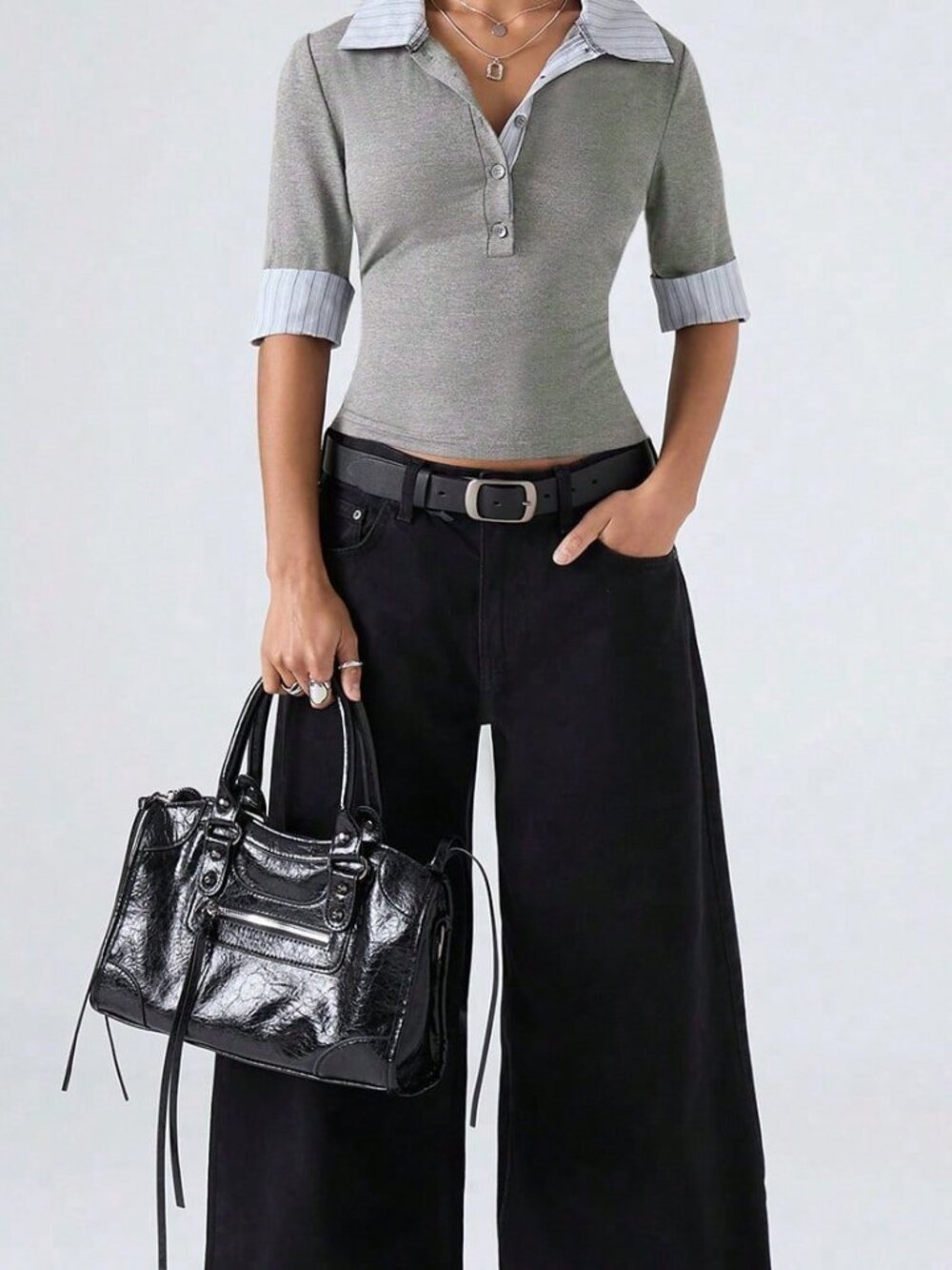 Grey Casual Women's Colorblock Button Stand Collar Slim Fit Half-Placket T-Shirt